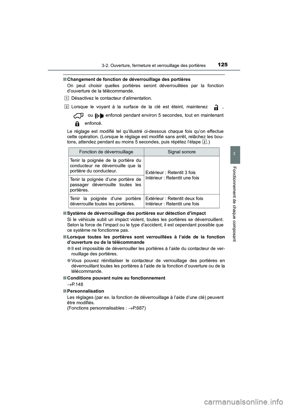 TOYOTA RAV4 HYBRID 2017  Manuel du propriétaire (in French) RAV4-HV_OM_OM42B03D_(D)
1253-2. Ouverture, fermeture et verrouillage des portières
3
Fonctionnement de chaque composant
■Changement de fonction de déverrouillage des portières
On peut choisir que