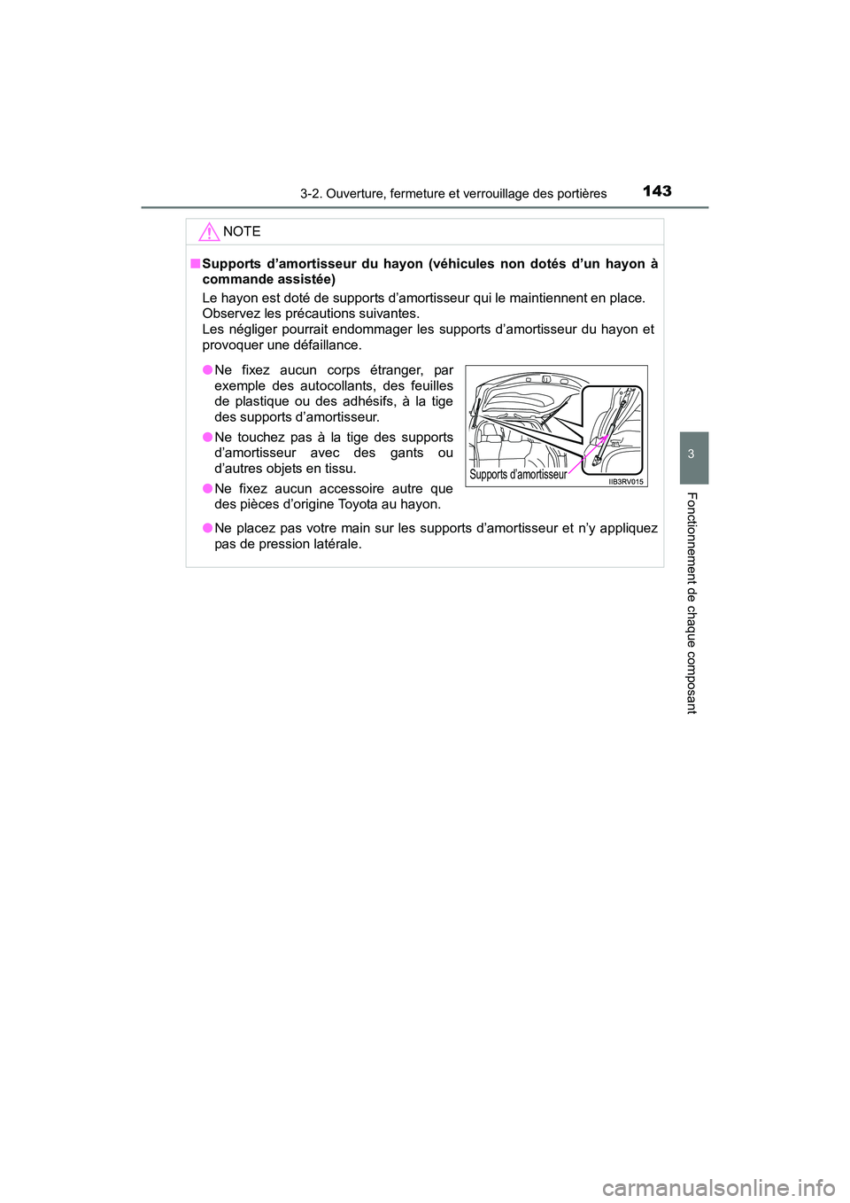TOYOTA RAV4 HYBRID 2017 Manuel du propriétaire (in French) RAV4-HV_OM_OM42B03D_(D)
1433-2. Ouverture, fermeture et verrouillage des portières
3
Fonctionnement de chaque composant
NOTE
■Supports d’amortisseur du hayon (véhicules non dotés d’un hayon TOYOTA RAV4 HYBRID 2017 Manuel du propriétaire (in French) RAV4-HV_OM_OM42B03D_(D)
1433-2. Ouverture, fermeture et verrouillage des portières
3
Fonctionnement de chaque composant
NOTE
■Supports d’amortisseur du hayon (véhicules non dotés d’un hayon