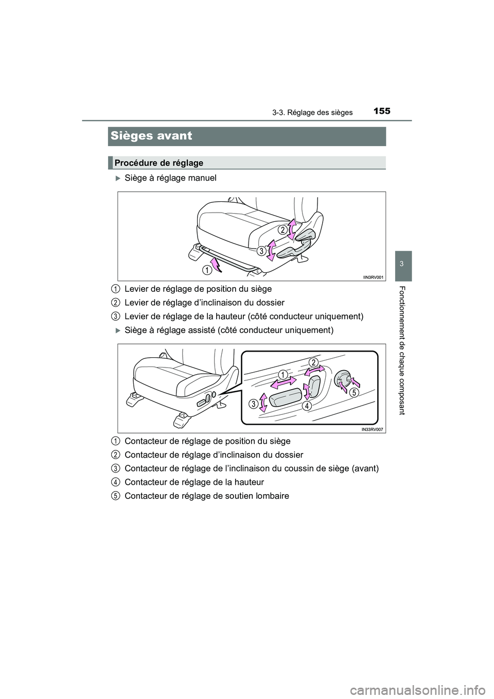 TOYOTA RAV4 HYBRID 2017  Manuel du propriétaire (in French) 155
RAV4-HV_OM_OM42B03D_(D)
3-3. Réglage des sièges
3
Fonctionnement de chaque composant
Sièges avant
�XSiège à réglage manuel
Levier de réglage de position du siège
Levier de réglage d’inc