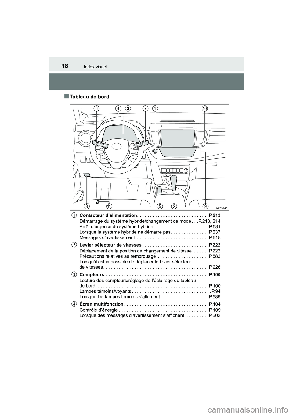 TOYOTA RAV4 HYBRID 2017 Manuel du propriétaire (in French) 18Index visuel
RAV4-HV_OM_OM42B03D_(D)
■Tableau de bord
Contacteur d’alimentation . . . . . . . . . . . . . . . . . . . . . . . . . . . . P.213
Démarrage du système hybride/changement de mode . TOYOTA RAV4 HYBRID 2017 Manuel du propriétaire (in French) 18Index visuel
RAV4-HV_OM_OM42B03D_(D)
■Tableau de bord
Contacteur d’alimentation . . . . . . . . . . . . . . . . . . . . . . . . . . . . P.213
Démarrage du système hybride/changement de mode .