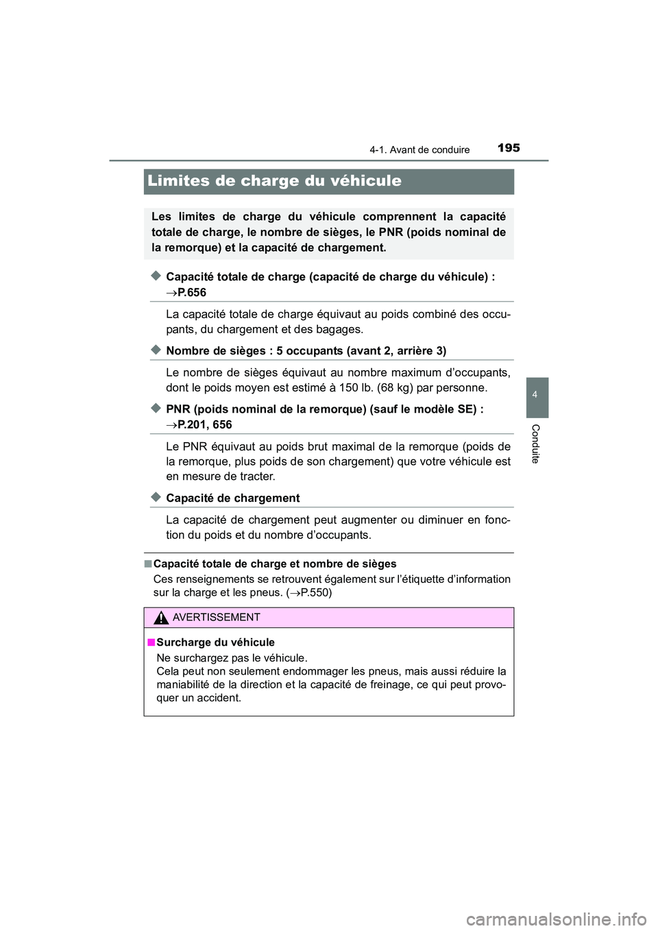 TOYOTA RAV4 HYBRID 2017 Manuel du propriétaire (in French) 195
RAV4-HV_OM_OM42B03D_(D)
4-1. Avant de conduire
4
Conduite
Limites de charge du véhicule
◆Capacité totale de charge (capacité de charge du véhicule) :
→P. 6 5 6
La capacité totale de char TOYOTA RAV4 HYBRID 2017 Manuel du propriétaire (in French) 195
RAV4-HV_OM_OM42B03D_(D)
4-1. Avant de conduire
4
Conduite
Limites de charge du véhicule
◆Capacité totale de charge (capacité de charge du véhicule) :
→P. 6 5 6
La capacité totale de char