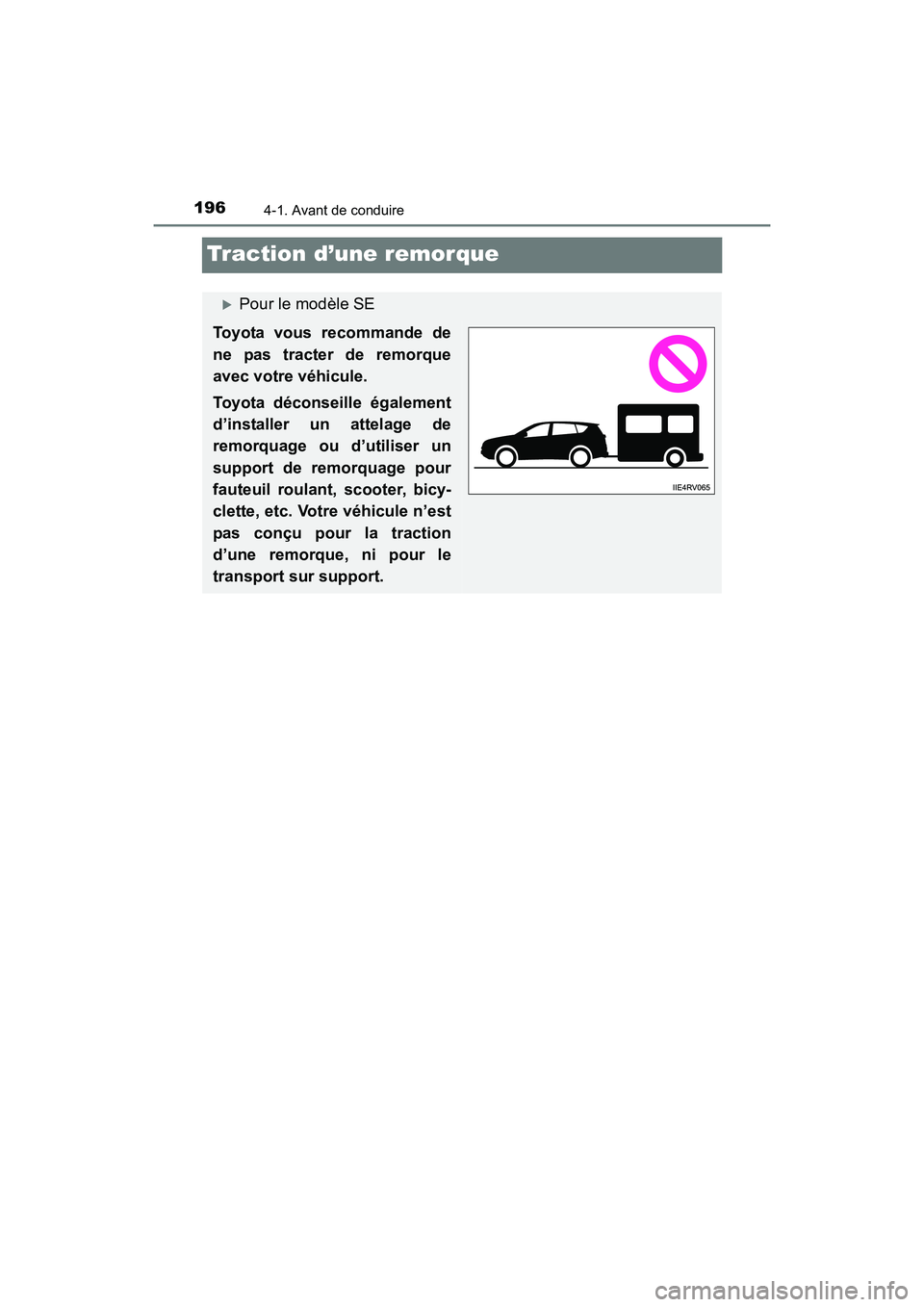TOYOTA RAV4 HYBRID 2017  Manuel du propriétaire (in French) 196
RAV4-HV_OM_OM42B03D_(D)
4-1. Avant de conduire
Traction d’une remorque
�XPour le modèle SE
Toyota vous recommande de
ne pas tracter de remorque
avec votre véhicule.
Toyota déconseille égalem