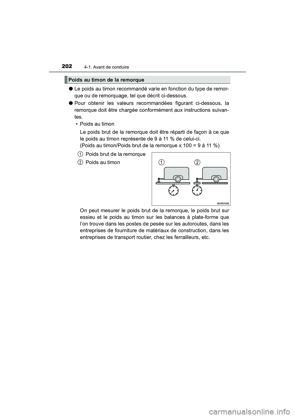 TOYOTA RAV4 HYBRID 2017 Manuel du propriétaire (in French) 202
RAV4-HV_OM_OM42B03D_(D)
4-1. Avant de conduire
●Le poids au timon recommandé varie en fonction du type de remor-
que ou de remorquage, tel que décrit ci-dessous.
● Pour obtenir les valeurs r TOYOTA RAV4 HYBRID 2017 Manuel du propriétaire (in French) 202
RAV4-HV_OM_OM42B03D_(D)
4-1. Avant de conduire
●Le poids au timon recommandé varie en fonction du type de remor-
que ou de remorquage, tel que décrit ci-dessous.
● Pour obtenir les valeurs r
