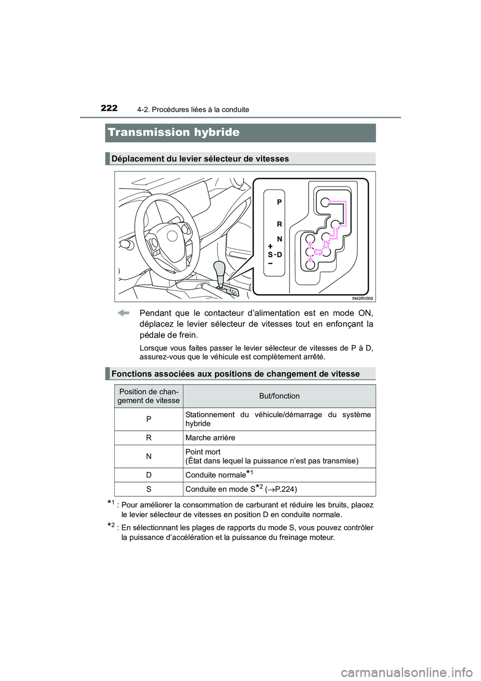 TOYOTA RAV4 HYBRID 2017  Manuel du propriétaire (in French) 222
RAV4-HV_OM_OM42B03D_(D)
4-2. Procédures liées à la conduite
Transmission hybride
Pendant que le contacteur d’alimentation est en mode ON,
déplacez le levier sélecteur de vitesses tout en en