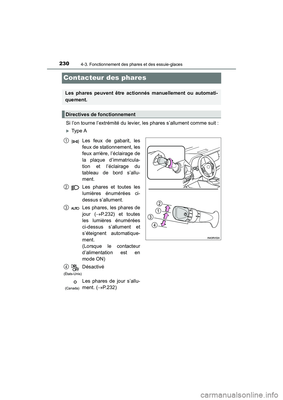TOYOTA RAV4 HYBRID 2017  Manuel du propriétaire (in French) 230
RAV4-HV_OM_OM42B03D_(D)
4-3. Fonctionnement des phares et des essuie-glaces
Contacteur des phares
Si l’on tourne l’extrémité du levier, les phares s’allument comme suit :
�XType A
Les phar