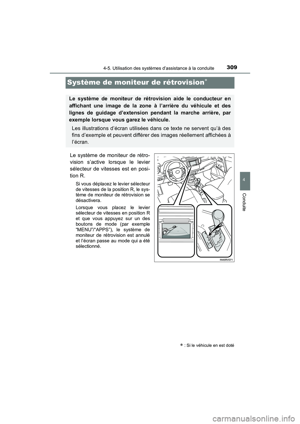 TOYOTA RAV4 HYBRID 2017  Manuel du propriétaire (in French) 309
RAV4-HV_OM_OM42B03D_(D)
4-5. Utilisation des systèmes d’assistance à la conduite
4
Conduite
Système de moniteur de rétrovision∗
Le système de moniteur de rétro-
vision s’active lorsque
