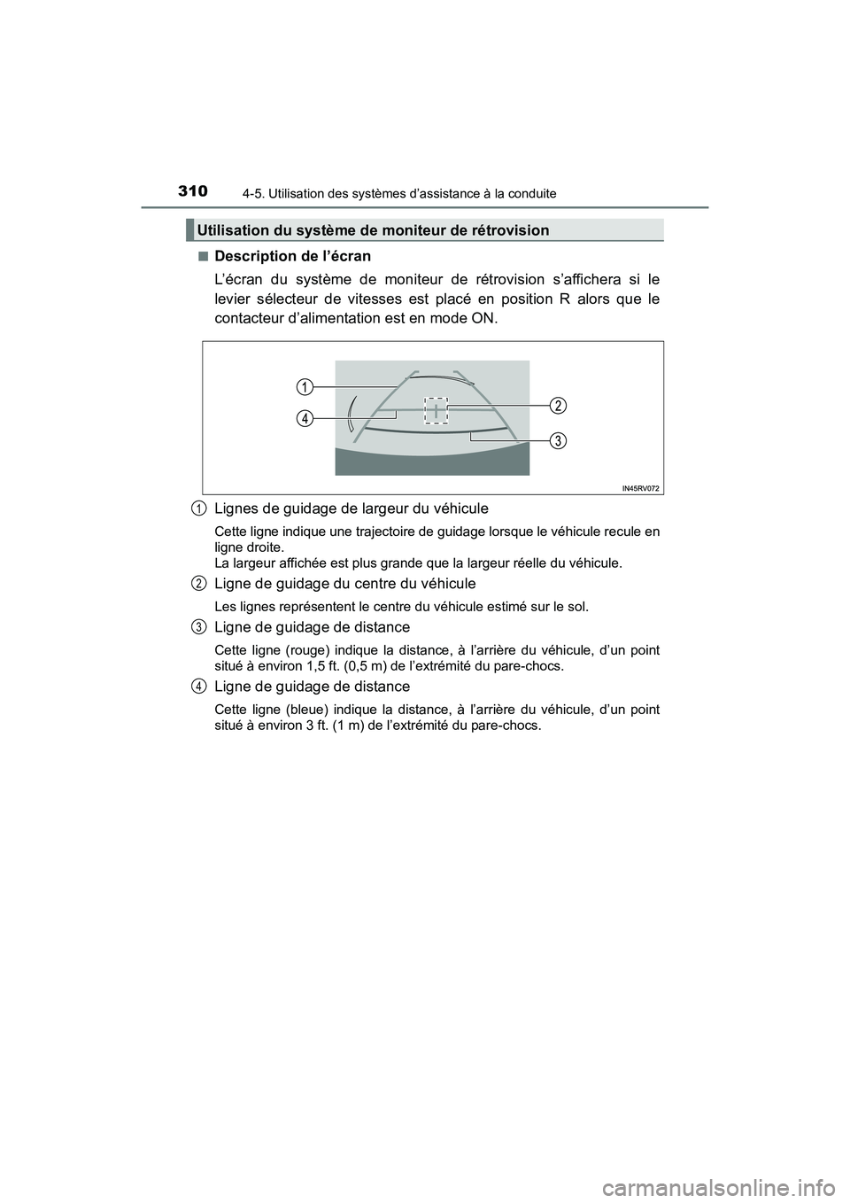 TOYOTA RAV4 HYBRID 2017  Manuel du propriétaire (in French) 310
RAV4-HV_OM_OM42B03D_(D)
4-5. Utilisation des systèmes d’assistance à la conduite
■Description de l’écran
L’écran du système de moniteur de rétrovision s’affichera si le
levier sél