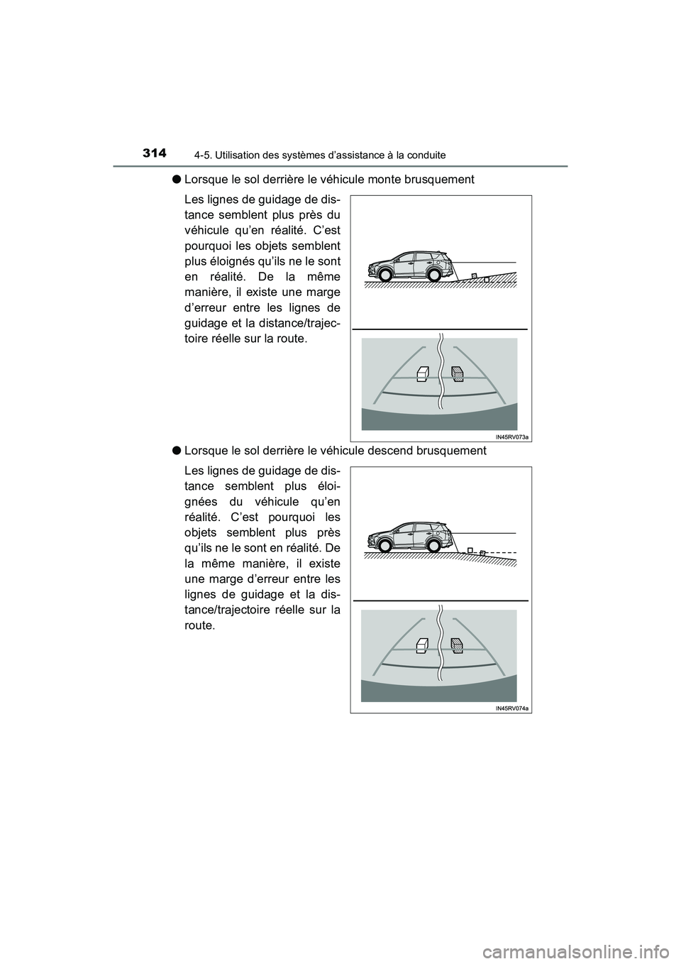 TOYOTA RAV4 HYBRID 2017  Manuel du propriétaire (in French) 314
RAV4-HV_OM_OM42B03D_(D)
4-5. Utilisation des systèmes d’assistance à la conduite
●Lorsque le sol derrière le véhicule monte brusquement
Les lignes de guidage de dis-
tance semblent plus pr