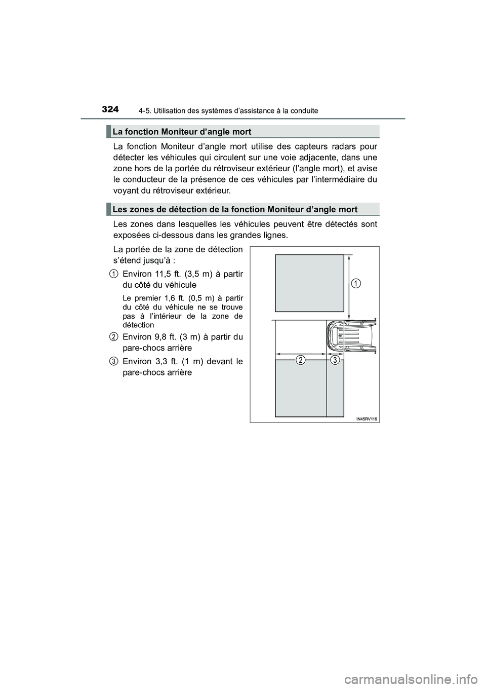 TOYOTA RAV4 HYBRID 2017  Manuel du propriétaire (in French) 324
RAV4-HV_OM_OM42B03D_(D)
4-5. Utilisation des systèmes d’assistance à la conduite
La fonction Moniteur d’angle mort utilise des capteurs radars pour
détecter les véhicules qui circulent sur