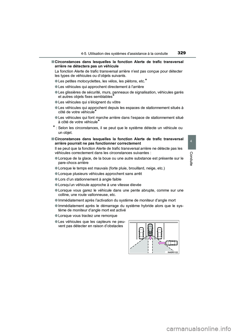 TOYOTA RAV4 HYBRID 2017  Manuel du propriétaire (in French) RAV4-HV_OM_OM42B03D_(D)
3294-5. Utilisation des systèmes d’assistance à la conduite
4
Conduite
■Circonstances dans lesquelles la fonc tion Alerte de trafic transversal
arrière ne détectera pas