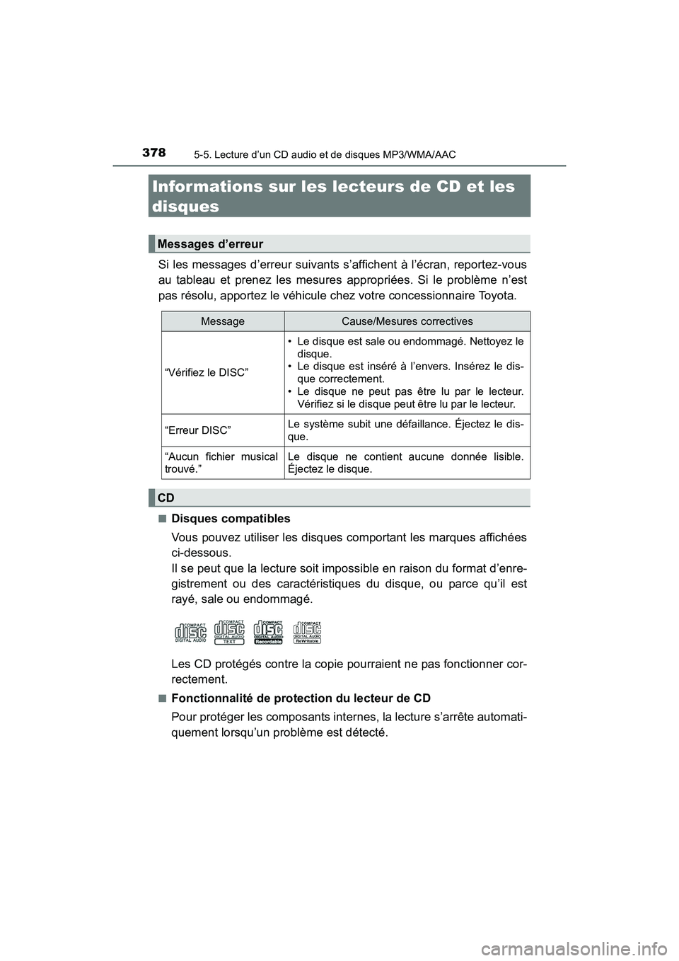 TOYOTA RAV4 HYBRID 2017  Manuel du propriétaire (in French) 378
RAV4-HV_OM_OM42B03D_(D)
5-5. Lecture d’un CD audio et de disques MP3/WMA/AAC
Informations sur les lecteurs de CD et les 
disques
Si les messages d’erreur suivants s’affichent à l’écran, 