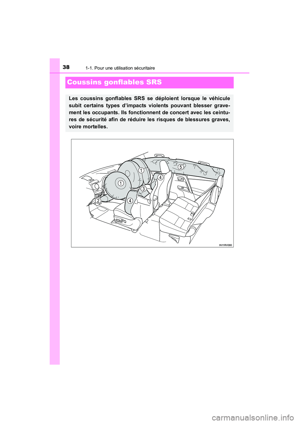 TOYOTA RAV4 HYBRID 2017 Manuel du propriétaire (in French) 381-1. Pour une utilisation sécuritaire
RAV4-HV_OM_OM42B03D_(D)
Coussins gonflables SRS
Les coussins gonflables SRS se déploient lorsque le véhicule
subit certains types d’impacts violents pouvan TOYOTA RAV4 HYBRID 2017 Manuel du propriétaire (in French) 381-1. Pour une utilisation sécuritaire
RAV4-HV_OM_OM42B03D_(D)
Coussins gonflables SRS
Les coussins gonflables SRS se déploient lorsque le véhicule
subit certains types d’impacts violents pouvan