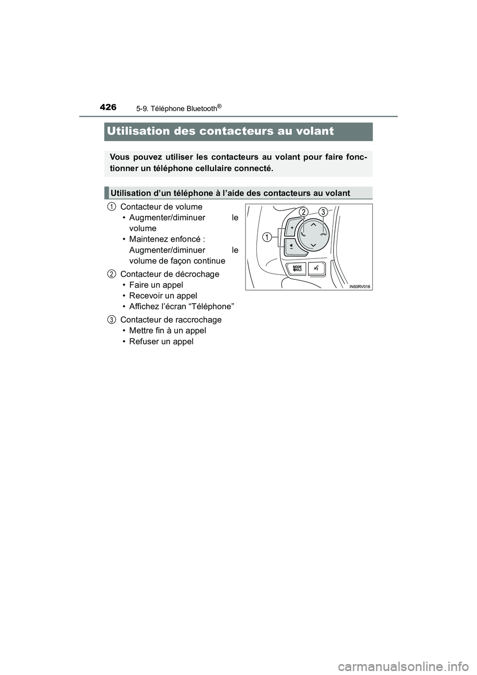 TOYOTA RAV4 HYBRID 2017 Manuel du propriétaire (in French) 426
RAV4-HV_OM_OM42B03D_(D)
5-9. Téléphone Bluetooth®
Utilisation des contacteurs au volant
Contacteur de volume• Augmenter/diminuer le
volume
• Maintenez enfoncé :
Augmenter/diminuer le
volu TOYOTA RAV4 HYBRID 2017 Manuel du propriétaire (in French) 426
RAV4-HV_OM_OM42B03D_(D)
5-9. Téléphone Bluetooth®
Utilisation des contacteurs au volant
Contacteur de volume• Augmenter/diminuer le
volume
• Maintenez enfoncé :
Augmenter/diminuer le
volu