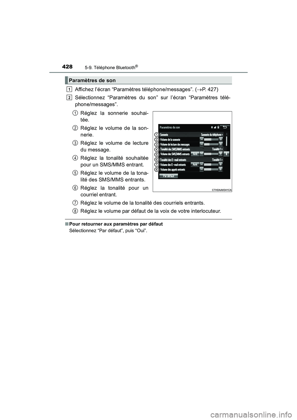 TOYOTA RAV4 HYBRID 2017 Manuel du propriétaire (in French) 428
RAV4-HV_OM_OM42B03D_(D)
5-9. Téléphone Bluetooth®
Affichez l’écran “Paramètres téléphone/messages”. (→P. 427)
Sélectionnez “Paramètres du son” sur l’écran “Paramètres t TOYOTA RAV4 HYBRID 2017 Manuel du propriétaire (in French) 428
RAV4-HV_OM_OM42B03D_(D)
5-9. Téléphone Bluetooth®
Affichez l’écran “Paramètres téléphone/messages”. (→P. 427)
Sélectionnez “Paramètres du son” sur l’écran “Paramètres t