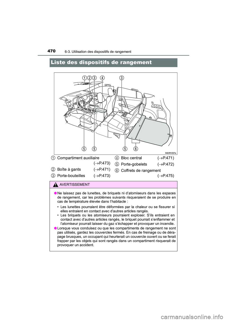 TOYOTA RAV4 HYBRID 2017  Manuel du propriétaire (in French) 470
RAV4-HV_OM_OM42B03D_(D)
6-3. Utilisation des dispositifs de rangement
Liste des dispositifs de rangement
Compartiment auxiliaire (→P.473)
Boîte à gants  ( →P.471)
Porte-bouteilles ( →P.473