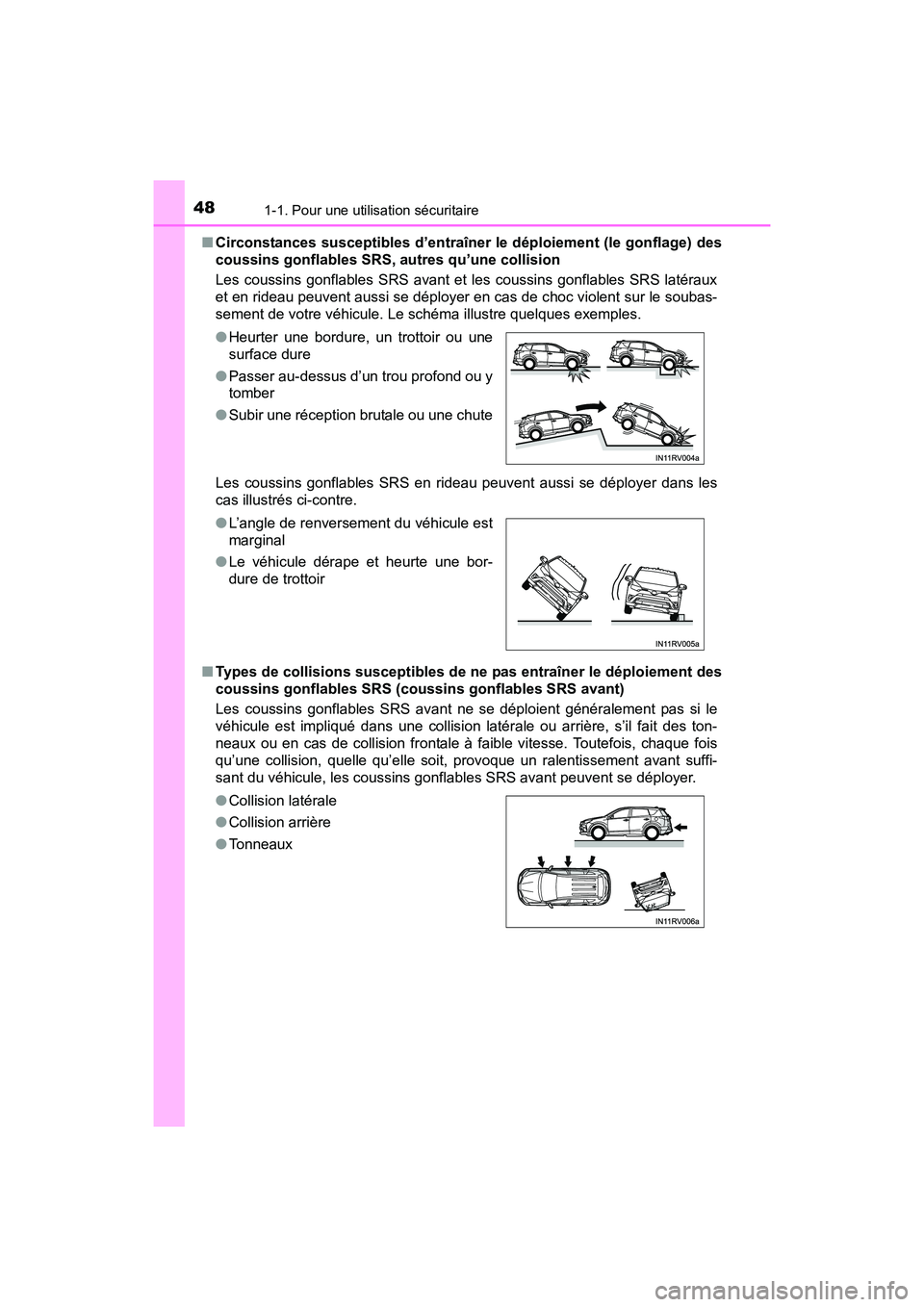 TOYOTA RAV4 HYBRID 2017 Manuel du propriétaire (in French) 481-1. Pour une utilisation sécuritaire
RAV4-HV_OM_OM42B03D_(D)■
Circonstances susceptibles d’entraîner le déploiement (le gonflage) des
coussins gonflables SRS, autres qu’une collision
Les TOYOTA RAV4 HYBRID 2017 Manuel du propriétaire (in French) 481-1. Pour une utilisation sécuritaire
RAV4-HV_OM_OM42B03D_(D)■
Circonstances susceptibles d’entraîner le déploiement (le gonflage) des
coussins gonflables SRS, autres qu’une collision
Les