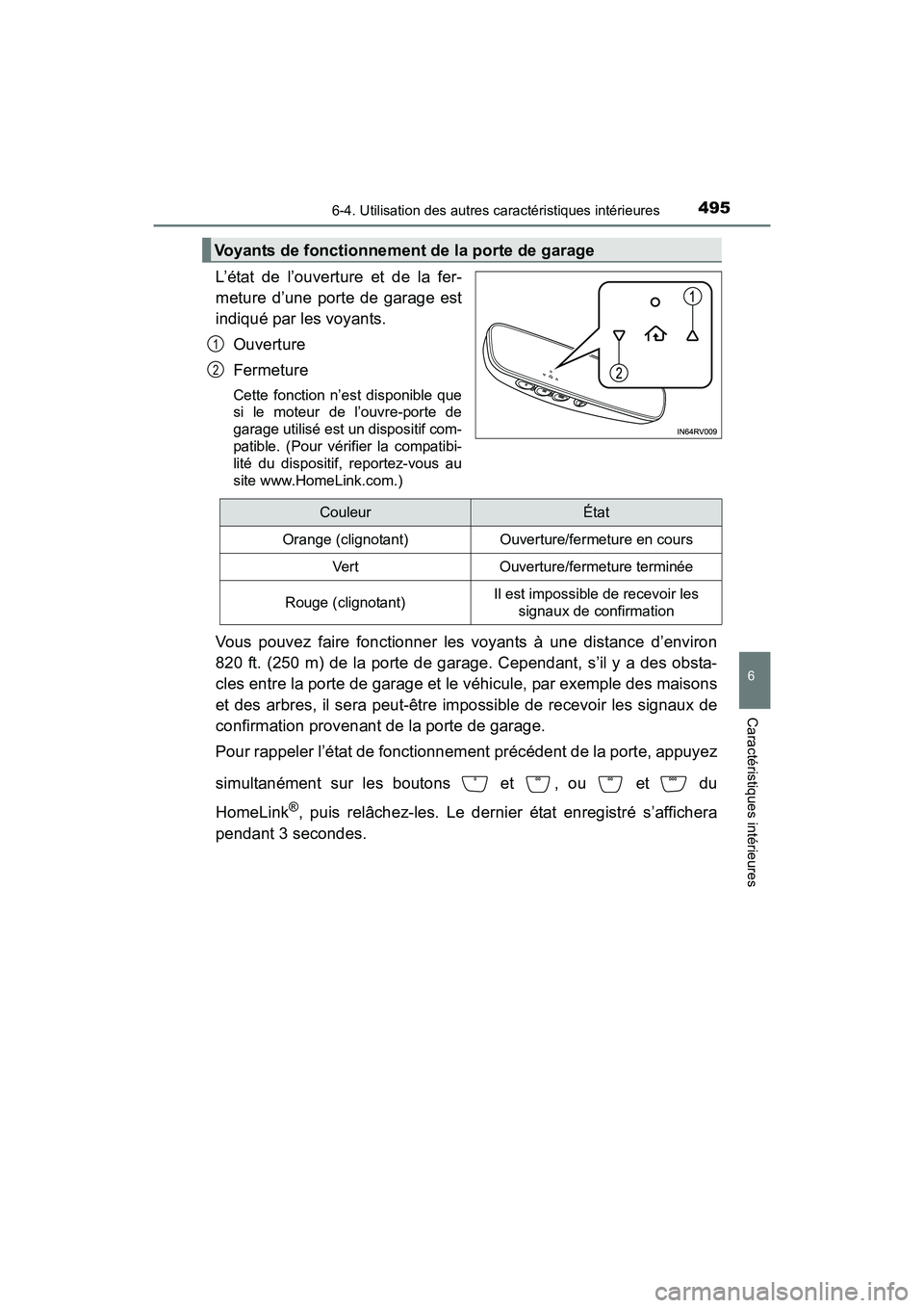TOYOTA RAV4 HYBRID 2017  Manuel du propriétaire (in French) RAV4-HV_OM_OM42B03D_(D)
4956-4. Utilisation des autres caractéristiques intérieures
6
Caractéristiques intérieures
L’état de l’ouverture et de la fer-
meture d’une porte de garage est
indiq