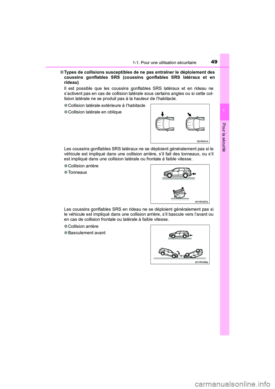 TOYOTA RAV4 HYBRID 2017 Manuel du propriétaire (in French) 491-1. Pour une utilisation sécuritaire
RAV4-HV_OM_OM42B03D_(D)
1
Pour la sécurité
■Types de collisions susceptibles de ne pas entraîner le déploiement des
coussins gonflables SRS (coussins gon TOYOTA RAV4 HYBRID 2017 Manuel du propriétaire (in French) 491-1. Pour une utilisation sécuritaire
RAV4-HV_OM_OM42B03D_(D)
1
Pour la sécurité
■Types de collisions susceptibles de ne pas entraîner le déploiement des
coussins gonflables SRS (coussins gon