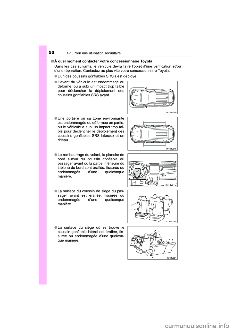 TOYOTA RAV4 HYBRID 2017 Manuel du propriétaire (in French) 501-1. Pour une utilisation sécuritaire
RAV4-HV_OM_OM42B03D_(D)■
À quel moment contacter votre concessionnaire Toyota
Dans les cas suivants, le véhicule devra faire l’objet d’une vérificatio TOYOTA RAV4 HYBRID 2017 Manuel du propriétaire (in French) 501-1. Pour une utilisation sécuritaire
RAV4-HV_OM_OM42B03D_(D)■
À quel moment contacter votre concessionnaire Toyota
Dans les cas suivants, le véhicule devra faire l’objet d’une vérificatio