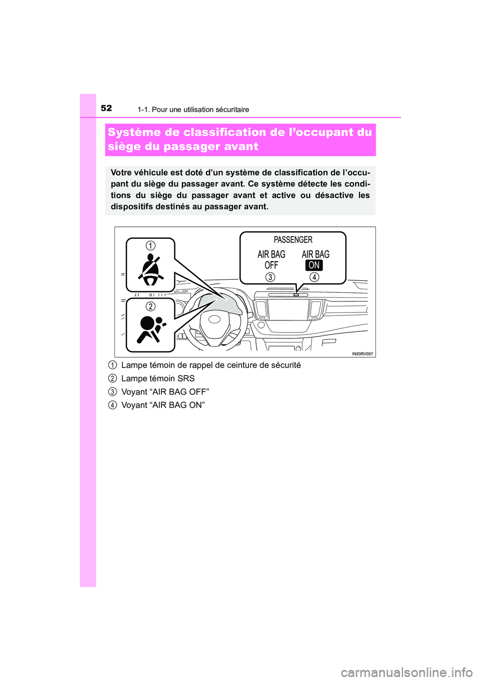 TOYOTA RAV4 HYBRID 2017 Manuel du propriétaire (in French) 521-1. Pour une utilisation sécuritaire
RAV4-HV_OM_OM42B03D_(D)
Système de classification de l’occupant du
siège du passager avant
Lampe témoin de rappel de ceinture de sécurité
Lampe témoin TOYOTA RAV4 HYBRID 2017 Manuel du propriétaire (in French) 521-1. Pour une utilisation sécuritaire
RAV4-HV_OM_OM42B03D_(D)
Système de classification de l’occupant du
siège du passager avant
Lampe témoin de rappel de ceinture de sécurité
Lampe témoin