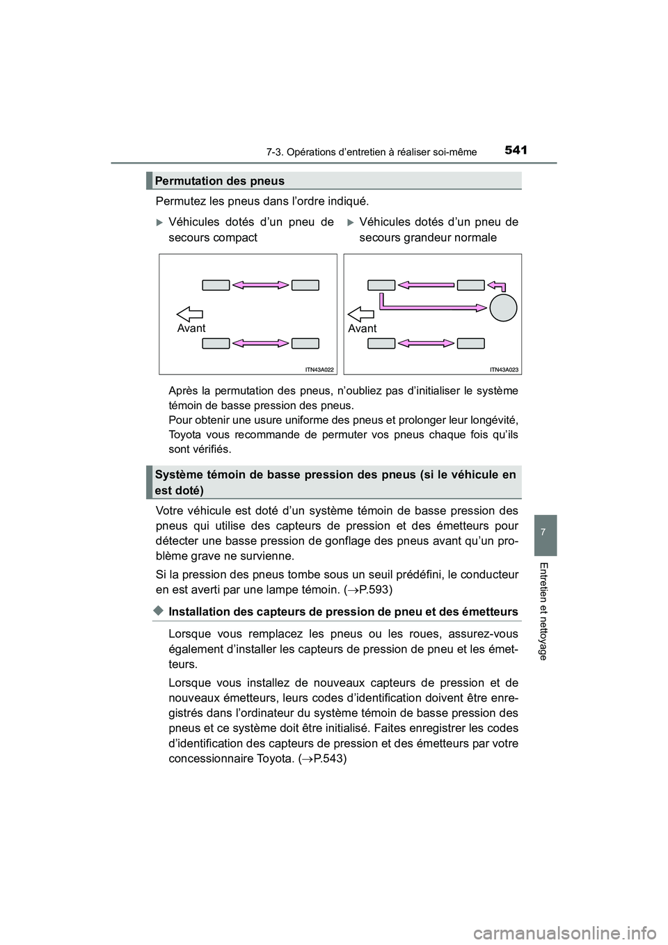 TOYOTA RAV4 HYBRID 2017  Manuel du propriétaire (in French) RAV4-HV_OM_OM42B03D_(D)
5417-3. Opérations d’entretien à réaliser soi-même
7
Entretien et nettoyage
Permutez les pneus dans l’ordre indiqué.
Après la permutation des pneus, n’oubliez pas d