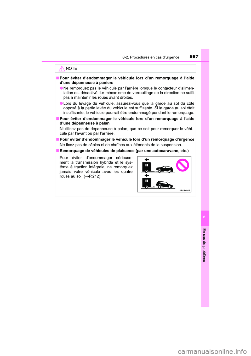 TOYOTA RAV4 HYBRID 2017  Manuel du propriétaire (in French) 5878-2. Procédures en cas d’urgence
RAV4-HV_OM_OM42B03D_(D)
8
En cas de problème
NOTE
■Pour éviter d’endommager le véhicule lors d’un remorquage à l’aide
d’une dépanneuse à paniers
