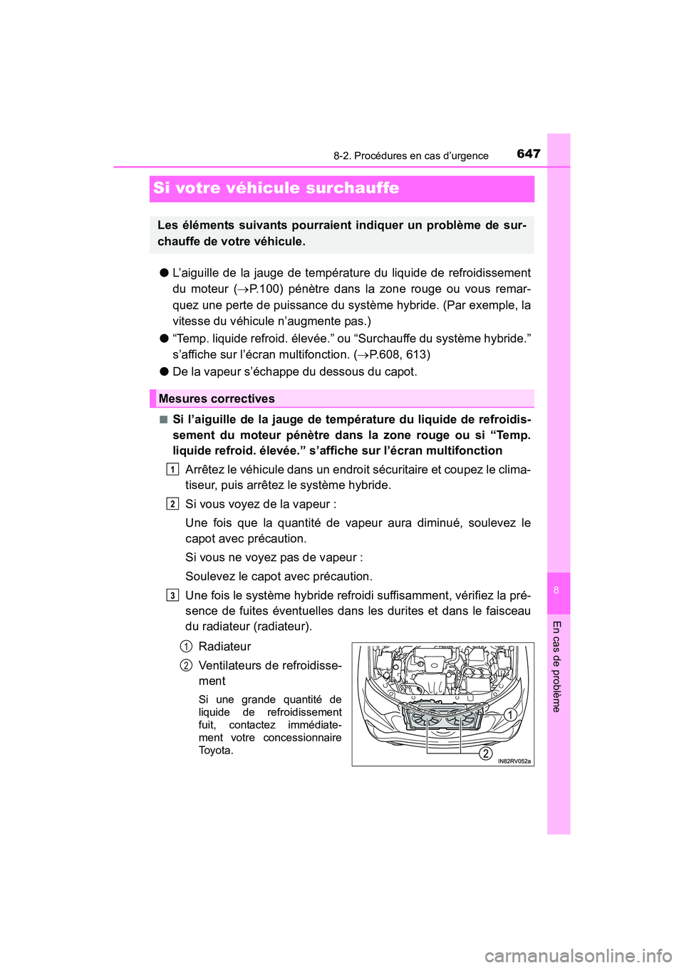 TOYOTA RAV4 HYBRID 2017 Manuel du propriétaire (in French) 647
RAV4-HV_OM_OM42B03D_(D)
8-2. Procédures en cas d’urgence
8
En cas de problème
Si votre véhicule surchauffe
●L’aiguille de la jauge de température du liquide de refroidissement
du moteur TOYOTA RAV4 HYBRID 2017 Manuel du propriétaire (in French) 647
RAV4-HV_OM_OM42B03D_(D)
8-2. Procédures en cas d’urgence
8
En cas de problème
Si votre véhicule surchauffe
●L’aiguille de la jauge de température du liquide de refroidissement
du moteur