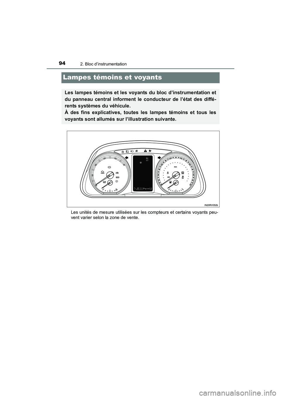 TOYOTA RAV4 HYBRID 2017  Manuel du propriétaire (in French) 94
RAV4-HV_OM_OM42B03D_(D)
2. Bloc d’instrumentation
Lampes témoins et voyants
Les unités de mesure utilisées sur les compteurs et certains voyants peu-
vent varier selon la zone de vente.
Les la