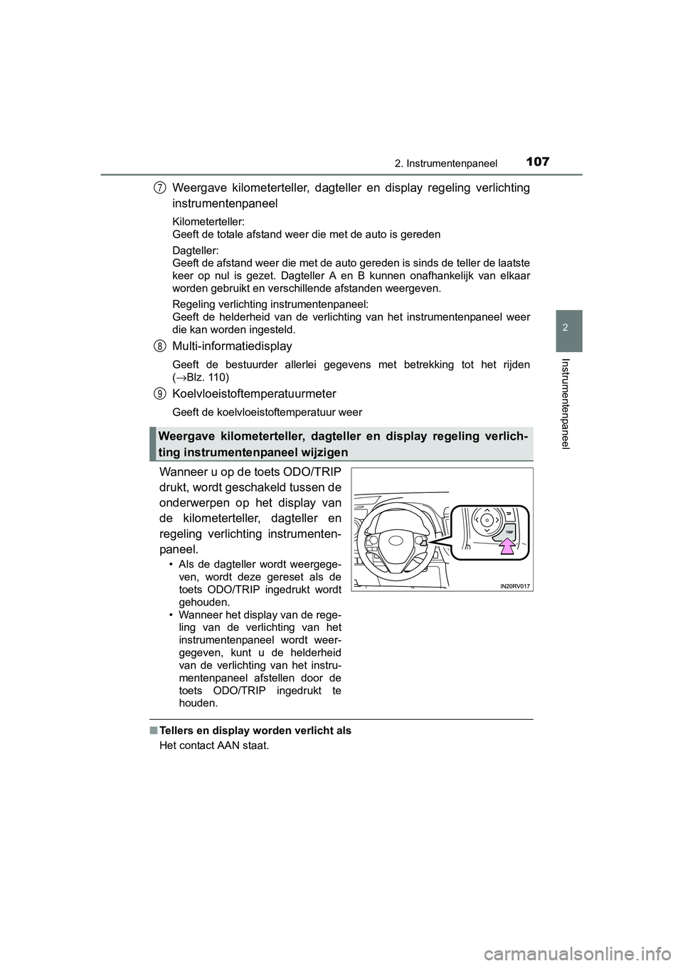 TOYOTA RAV4 HYBRID 2017 Instructieboekje (in Dutch) 1072. Instrumentenpaneel
2
Instrumentenpaneel
RAV4-HV_OM_OM42B04E_(EE)
Weergave kilometerteller, dagteller en display regeling verlichting
instrumentenpaneel
Kilometerteller:
Geeft de totale afs TOYOTA RAV4 HYBRID 2017 Instructieboekje (in Dutch) 1072. Instrumentenpaneel
2
Instrumentenpaneel
RAV4-HV_OM_OM42B04E_(EE)
Weergave kilometerteller, dagteller en display regeling verlichting
instrumentenpaneel
Kilometerteller:
Geeft de totale afs