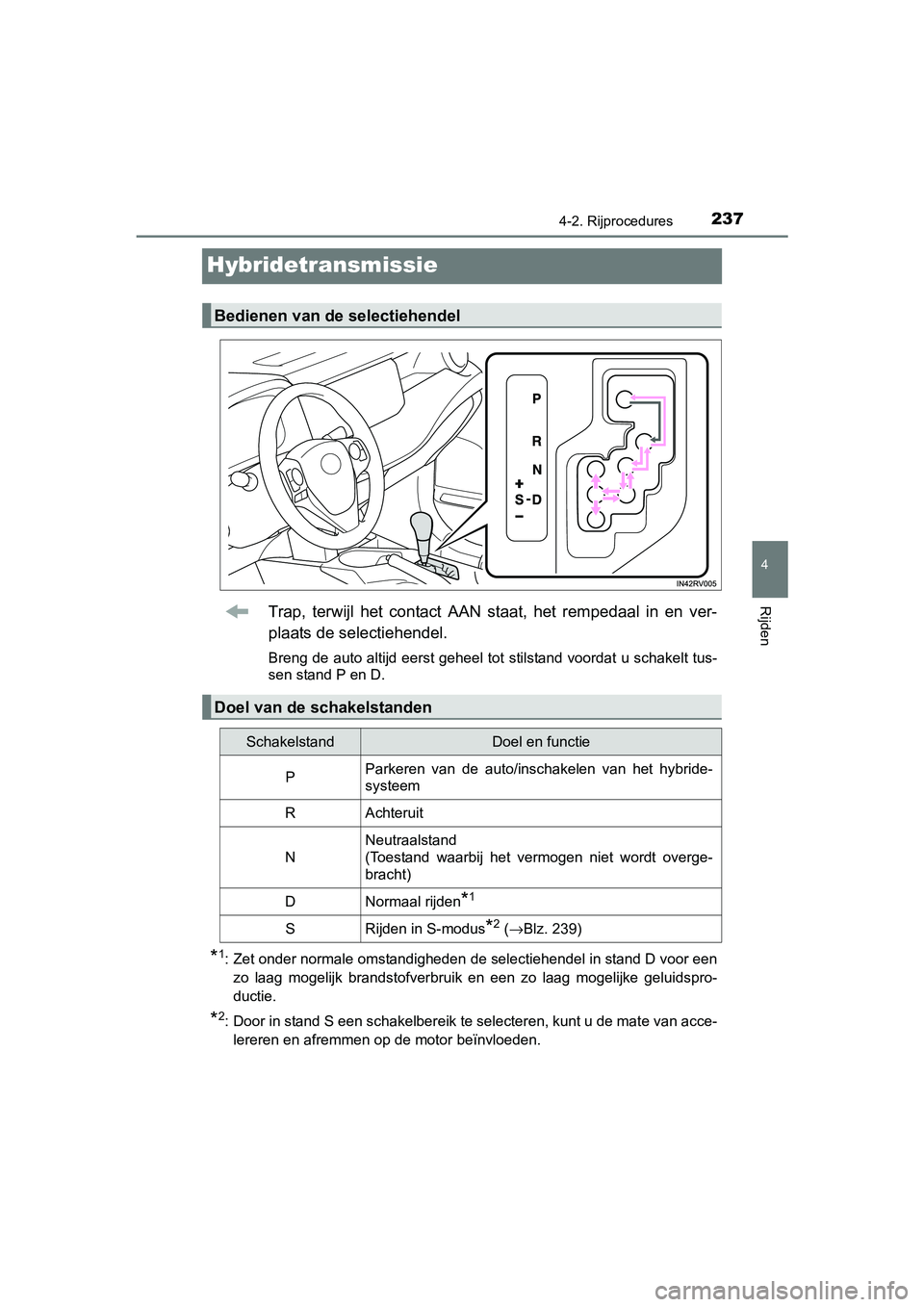 TOYOTA RAV4 HYBRID 2017 Instructieboekje (in Dutch) 237
4
4-2. Rijprocedures
Rijden
RAV4-HV_OM_OM42B04E_(EE)
Hybridetransmissie
Trap, terwijl het contact AAN staat, het rempedaal in en ver-
plaats de selectiehendel.
Breng de auto altijd eerst TOYOTA RAV4 HYBRID 2017 Instructieboekje (in Dutch) 237
4
4-2. Rijprocedures
Rijden
RAV4-HV_OM_OM42B04E_(EE)
Hybridetransmissie
Trap, terwijl het contact AAN staat, het rempedaal in en ver-
plaats de selectiehendel.
Breng de auto altijd eerst