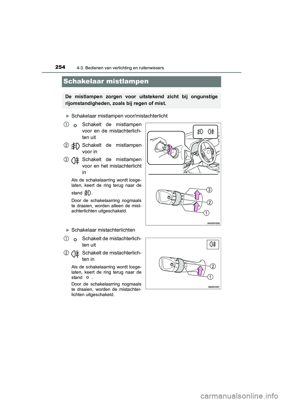 TOYOTA RAV4 HYBRID 2017 Instructieboekje (in Dutch) 2544-3. Bedienen van verlichting en ruitenwissers
RAV4-HV_OM_OM42B04E_(EE)
Schakelaar mistlampen
Schakelaar mistlampen voor/mistachterlichtSchakelt de mistlampen
voor en de mistachterlich-
ten TOYOTA RAV4 HYBRID 2017 Instructieboekje (in Dutch) 2544-3. Bedienen van verlichting en ruitenwissers
RAV4-HV_OM_OM42B04E_(EE)
Schakelaar mistlampen
Schakelaar mistlampen voor/mistachterlichtSchakelt de mistlampen
voor en de mistachterlich-
ten