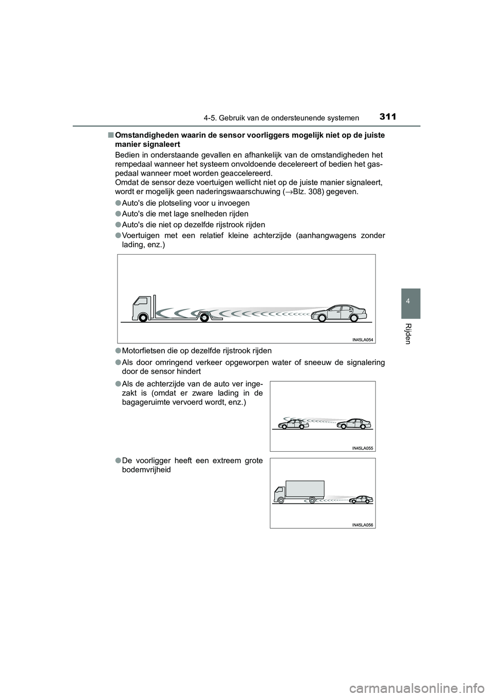 TOYOTA RAV4 HYBRID 2017 Instructieboekje (in Dutch) 3114-5. Gebruik van de ondersteunende systemen
4
Rijden
RAV4-HV_OM_OM42B04E_(EE)■
Omstandigheden waarin de sensor voorliggers mogelijk niet op de juiste
manier signaleert
Bedien in onderstaande TOYOTA RAV4 HYBRID 2017 Instructieboekje (in Dutch) 3114-5. Gebruik van de ondersteunende systemen
4
Rijden
RAV4-HV_OM_OM42B04E_(EE)■
Omstandigheden waarin de sensor voorliggers mogelijk niet op de juiste
manier signaleert
Bedien in onderstaande