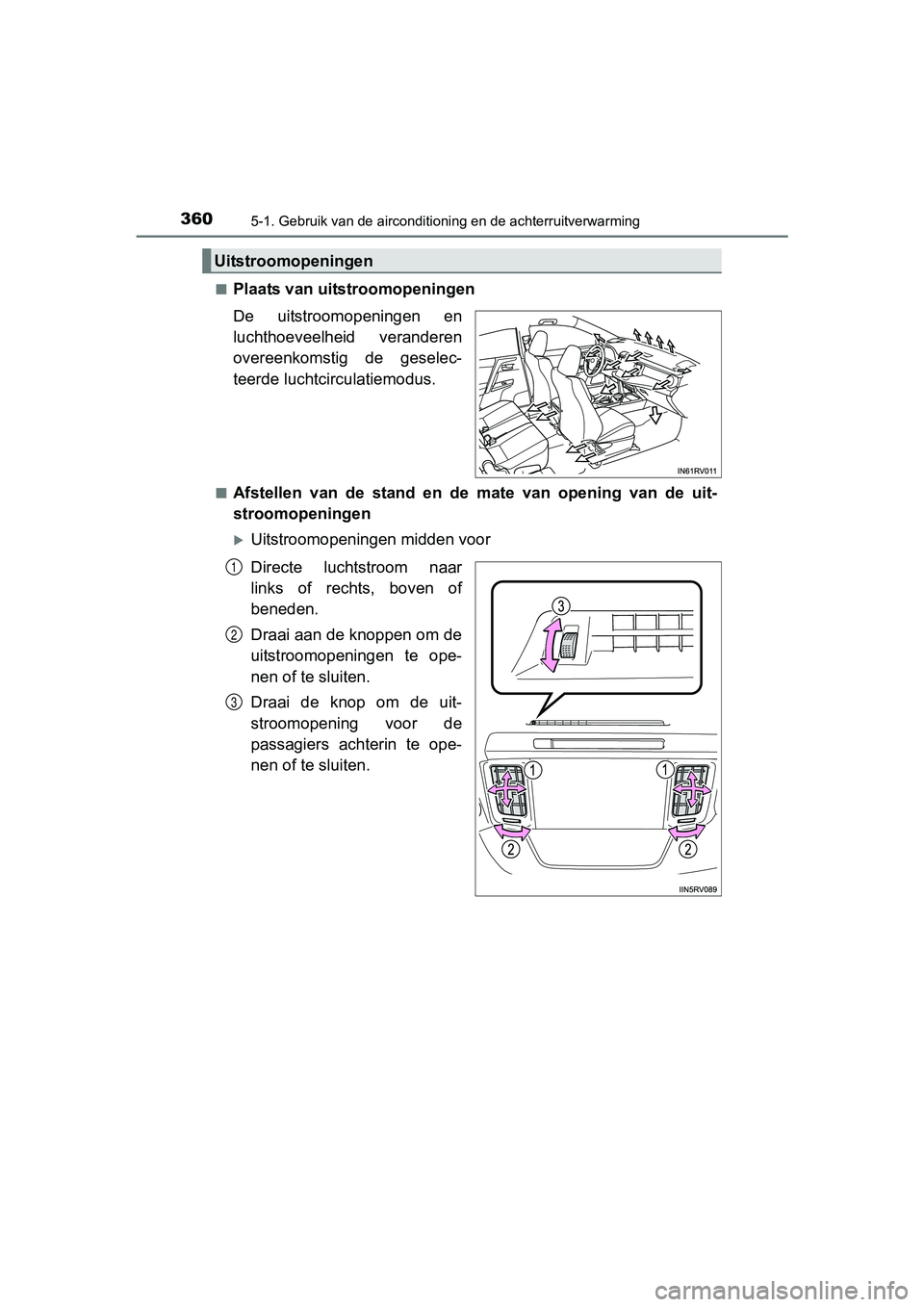TOYOTA RAV4 HYBRID 2017 Instructieboekje (in Dutch) 3605-1. Gebruik van de airconditioning en de achterruitverwarming
RAV4-HV_OM_OM42B04E_(EE)■
Plaats van uitstroomopeningen
De uitstroomopeningen en
luchthoeveelheid veranderen
overeenkomstig de TOYOTA RAV4 HYBRID 2017 Instructieboekje (in Dutch) 3605-1. Gebruik van de airconditioning en de achterruitverwarming
RAV4-HV_OM_OM42B04E_(EE)■
Plaats van uitstroomopeningen
De uitstroomopeningen en
luchthoeveelheid veranderen
overeenkomstig de