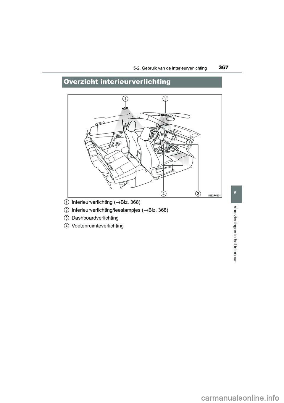 TOYOTA RAV4 HYBRID 2017 Instructieboekje (in Dutch) 3675-2. Gebruik van de interieurverlichting
RAV4-HV_OM_OM42B04E_(EE)
5
Voorzieningen in het interieur
Overzicht interieur verlichting
Interieurverlichting (→Blz. 368)
Interieurverlichtin g/leeslampj TOYOTA RAV4 HYBRID 2017 Instructieboekje (in Dutch) 3675-2. Gebruik van de interieurverlichting
RAV4-HV_OM_OM42B04E_(EE)
5
Voorzieningen in het interieur
Overzicht interieur verlichting
Interieurverlichting (→Blz. 368)
Interieurverlichtin g/leeslampj