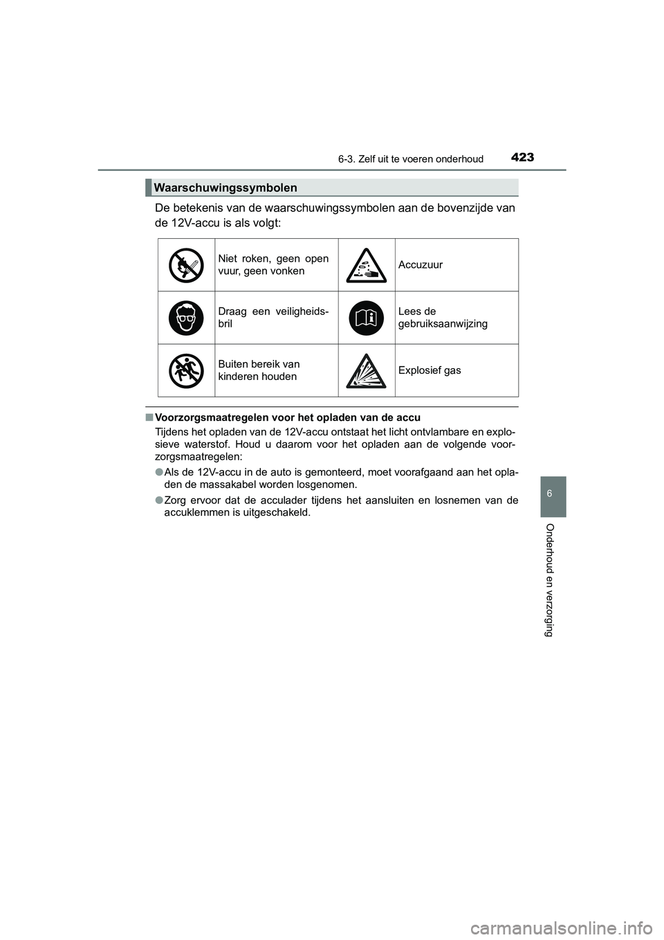TOYOTA RAV4 HYBRID 2017 Instructieboekje (in Dutch) 4236-3. Zelf uit te voeren onderhoud
RAV4-HV_OM_OM42B04E_(EE)
6
Onderhoud en verzorging
De betekenis van de waarschuwingssymbolen aan de bovenzijde van
de 12V-accu is als volgt:
■Voorzorgsmaatregele TOYOTA RAV4 HYBRID 2017 Instructieboekje (in Dutch) 4236-3. Zelf uit te voeren onderhoud
RAV4-HV_OM_OM42B04E_(EE)
6
Onderhoud en verzorging
De betekenis van de waarschuwingssymbolen aan de bovenzijde van
de 12V-accu is als volgt:
■Voorzorgsmaatregele