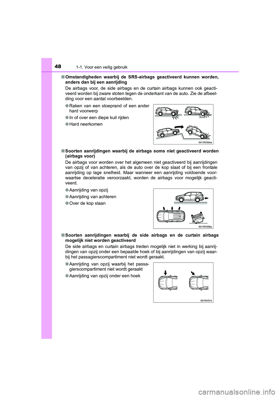 TOYOTA RAV4 HYBRID 2017 Instructieboekje (in Dutch) 481-1. Voor een veilig gebruik
RAV4-HV_OM_OM42B04E_(EE)■
Omstandigheden waarbij de SRS-air bags geactiveerd kunnen worden,
anders dan bij een aanrijding
De airbags voor, de side airbags TOYOTA RAV4 HYBRID 2017 Instructieboekje (in Dutch) 481-1. Voor een veilig gebruik
RAV4-HV_OM_OM42B04E_(EE)■
Omstandigheden waarbij de SRS-air bags geactiveerd kunnen worden,
anders dan bij een aanrijding
De airbags voor, de side airbags