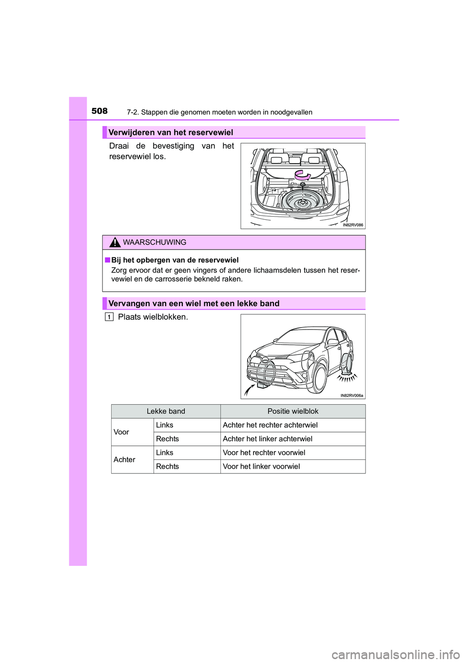 TOYOTA RAV4 HYBRID 2017 Instructieboekje (in Dutch) 5087-2. Stappen die genomen moeten worden in noodgevallen
RAV4-HV_OM_OM42B04E_(EE)
Draai de bevestiging van het
reservewiel los.
Plaats wielblokken.
Verwijderen van het reservewiel
WAARSCHUWING
TOYOTA RAV4 HYBRID 2017 Instructieboekje (in Dutch) 5087-2. Stappen die genomen moeten worden in noodgevallen
RAV4-HV_OM_OM42B04E_(EE)
Draai de bevestiging van het
reservewiel los.
Plaats wielblokken.
Verwijderen van het reservewiel
WAARSCHUWING