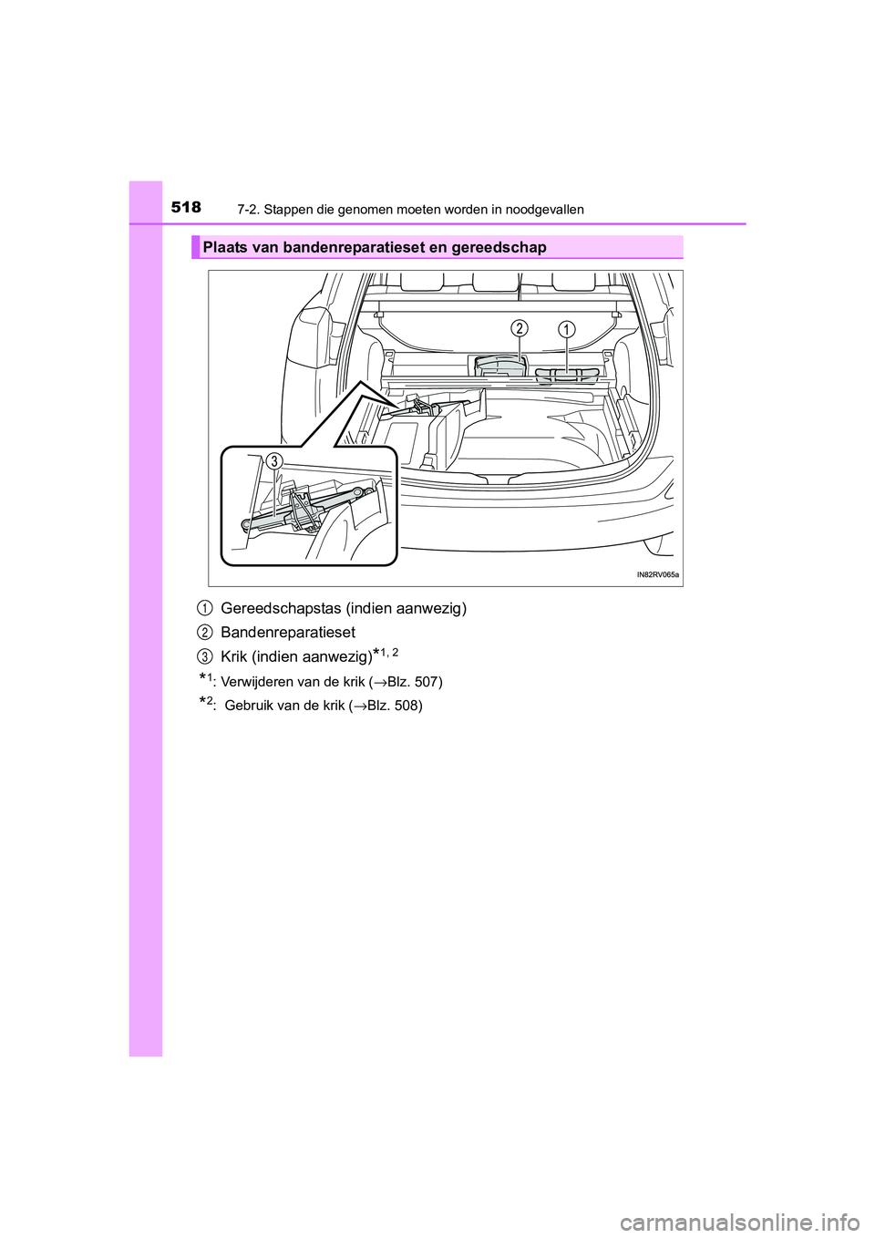 TOYOTA RAV4 HYBRID 2017 Instructieboekje (in Dutch) 5187-2. Stappen die genomen moeten worden in noodgevallen
RAV4-HV_OM_OM42B04E_(EE)
Gereedschapstas (indien aanwezig)
Bandenreparatieset
Krik (indien aanwezig)
*1, 2
*1: Verwijderen van de krik (→Blz TOYOTA RAV4 HYBRID 2017 Instructieboekje (in Dutch) 5187-2. Stappen die genomen moeten worden in noodgevallen
RAV4-HV_OM_OM42B04E_(EE)
Gereedschapstas (indien aanwezig)
Bandenreparatieset
Krik (indien aanwezig)
*1, 2
*1: Verwijderen van de krik (→Blz