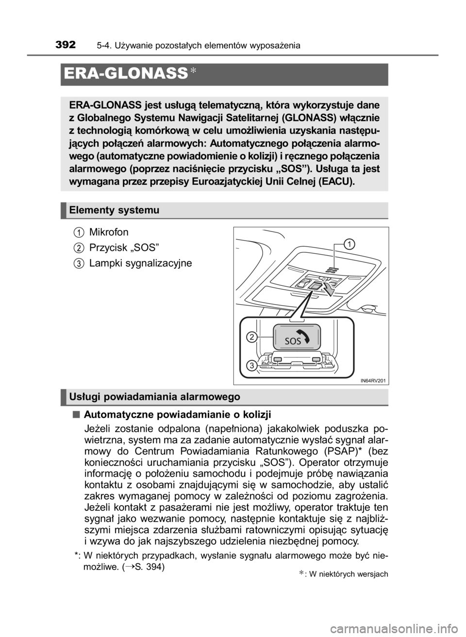 TOYOTA RAV4 HYBRID 2017  Instrukcja obsługi (in Polish) Mikrofon
Przycisk „SOS”
Lampki sygnalizacyjne
Automatyczne powiadamianie o kolizji
Je˝eli  zostanie  odpalona  (nape∏niona)  jakakolwiek  poduszka  po-
wietrzna, system ma za zadanie automatycz