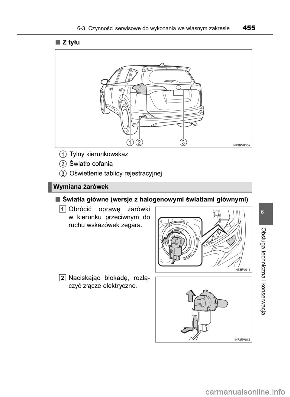TOYOTA RAV4 HYBRID 2017  Instrukcja obsługi (in Polish) Z ty∏u
Tylny kierunkowskaz
Âwiat∏o cofania
OÊwietlenie tablicy rejestracyjnej
Âwiat∏a g∏ówne (wersje z halogenowymi Êwiat∏ami g∏ównymi)
Obróciç  opraw´  ˝arówki
w kierunku  prze