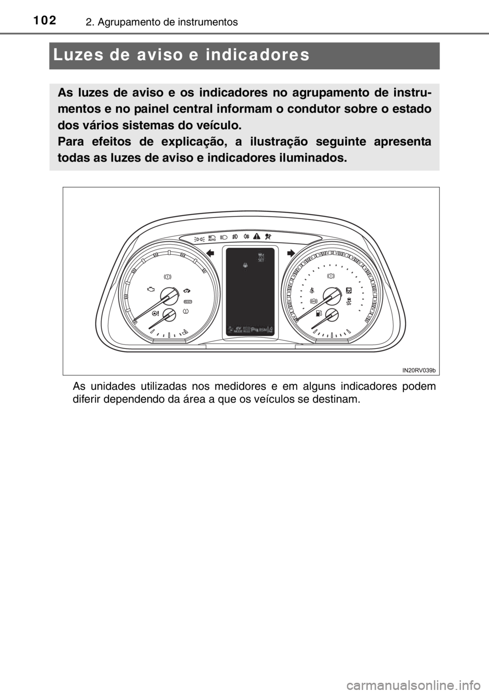 TOYOTA RAV4 HYBRID 2017  Manual de utilização (in Portuguese) 1022. Agrupamento de instrumentos
Luzes de aviso e indicadores
As unidades utilizadas nos medidores e em alguns indicadores podem
diferir dependendo da área a que os veículos se destinam.
As luzes d