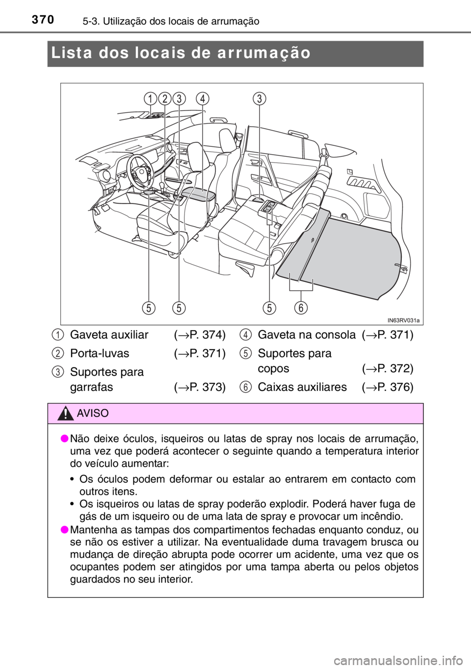 TOYOTA RAV4 HYBRID 2017  Manual de utilização (in Portuguese) 3705-3. Utilização dos locais de arrumação
Lista dos locais de arrumação
Gaveta auxiliar  (→P. 374)
Porta-luvas  (→P. 371)
Suportes para 
garrafas (→P. 373)Gaveta na consola  (→P. 371)
S
