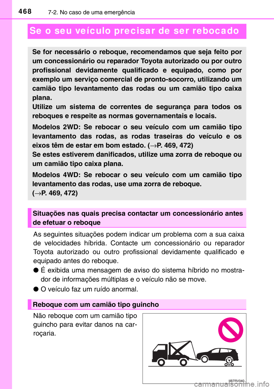 TOYOTA RAV4 HYBRID 2017  Manual de utilização (in Portuguese) 4687-2. No caso de uma emergência
Se o seu veículo precisar de ser rebocado
As seguintes situações podem indicar um problema com a sua caixa
de velocidades híbrida. Contacte um concessionário ou