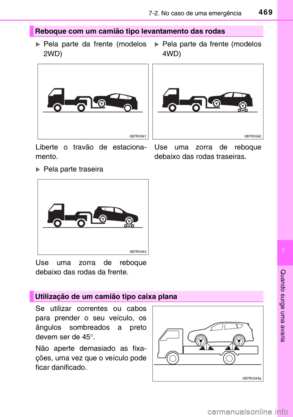 TOYOTA RAV4 HYBRID 2017 Manual de utilização (in Portuguese) 4697-2. No caso de uma emergência
7
Quando surge uma avaria
Se utilizar correntes ou cabos
para prender o seu veículo, os
ângulos sombreados a preto
devem ser de 45°.
Não aperte demasiado as fixa TOYOTA RAV4 HYBRID 2017 Manual de utilização (in Portuguese) 4697-2. No caso de uma emergência
7
Quando surge uma avaria
Se utilizar correntes ou cabos
para prender o seu veículo, os
ângulos sombreados a preto
devem ser de 45°.
Não aperte demasiado as fixa
