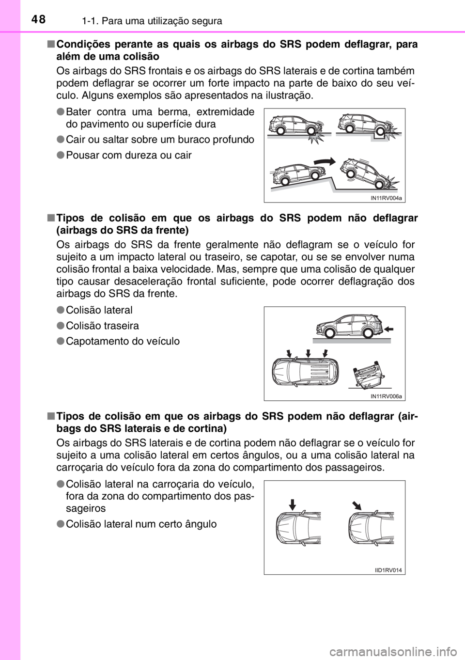 TOYOTA RAV4 HYBRID 2017 Manual de utilização (in Portuguese) 481-1. Para uma utilização segura
■Condições perante as quais os airbags do SRS podem deflagrar, para
além de uma colisão
Os airbags do SRS frontais e os airbags do SRS laterais e de cortina TOYOTA RAV4 HYBRID 2017 Manual de utilização (in Portuguese) 481-1. Para uma utilização segura
■Condições perante as quais os airbags do SRS podem deflagrar, para
além de uma colisão
Os airbags do SRS frontais e os airbags do SRS laterais e de cortina