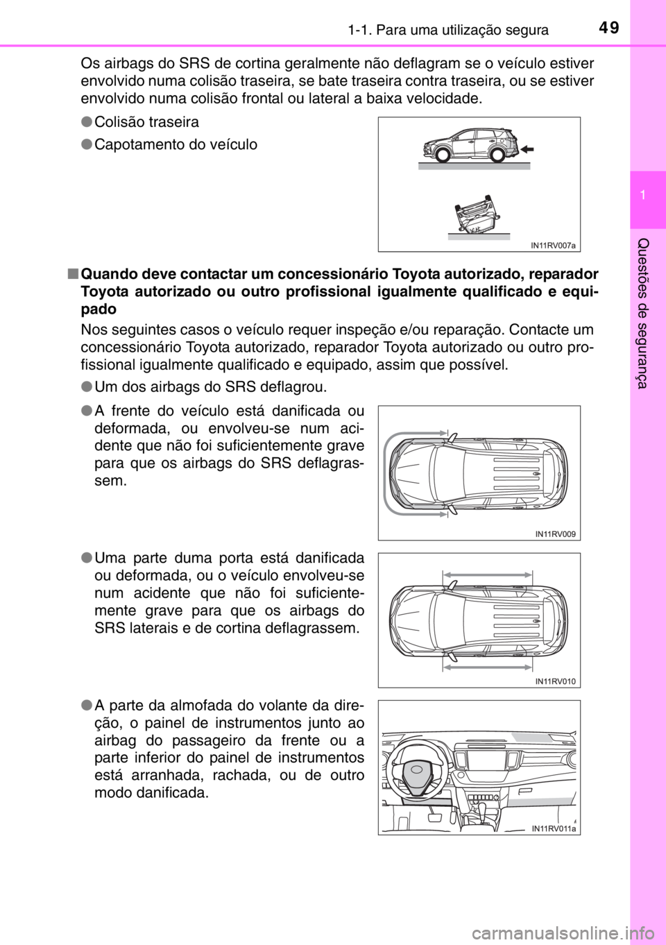 TOYOTA RAV4 HYBRID 2017 Manual de utilização (in Portuguese) 491-1. Para uma utilização segura
1
Questões de segurança
Os airbags do SRS de cortina geralmente não deflagram se o veículo estiver
envolvido numa colisão traseira, se bate traseira contra tra TOYOTA RAV4 HYBRID 2017 Manual de utilização (in Portuguese) 491-1. Para uma utilização segura
1
Questões de segurança
Os airbags do SRS de cortina geralmente não deflagram se o veículo estiver
envolvido numa colisão traseira, se bate traseira contra tra