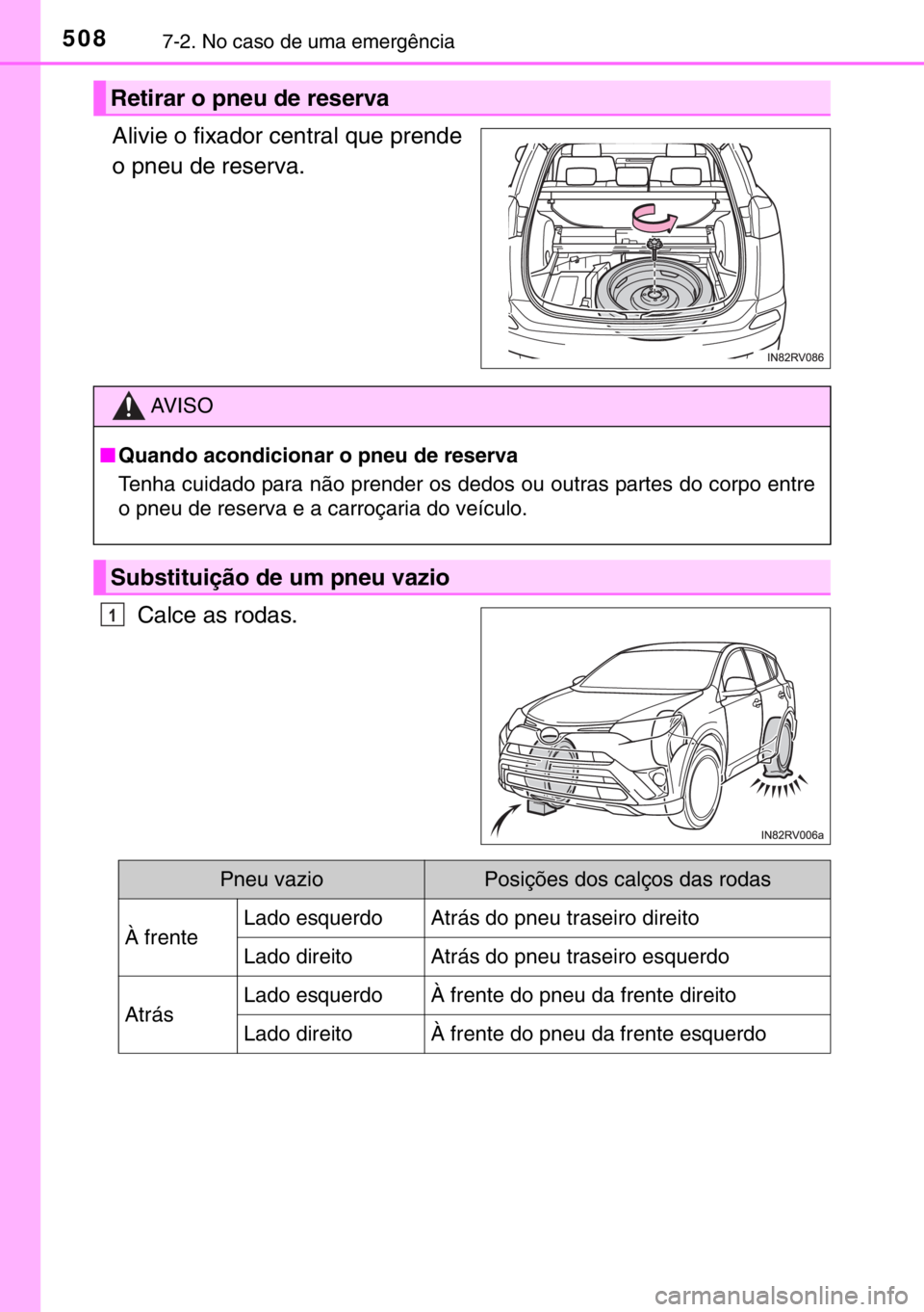 TOYOTA RAV4 HYBRID 2017 Manual de utilização (in Portuguese) 5087-2. No caso de uma emergência
Alivie o fixador central que prende
o pneu de reserva.
Calce as rodas.
Retirar o pneu de reserva
AV I S O
■Quando acondicionar o pneu de reserva
Tenha cuidado para TOYOTA RAV4 HYBRID 2017 Manual de utilização (in Portuguese) 5087-2. No caso de uma emergência
Alivie o fixador central que prende
o pneu de reserva.
Calce as rodas.
Retirar o pneu de reserva
AV I S O
■Quando acondicionar o pneu de reserva
Tenha cuidado para