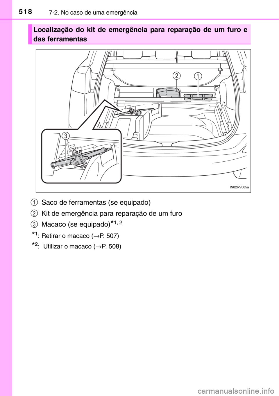 TOYOTA RAV4 HYBRID 2017 Manual de utilização (in Portuguese) 5187-2. No caso de uma emergência
Saco de ferramentas (se equipado)
Kit de emergência para reparação de um furo
Macaco (se equipado)
*1, 2
*1: Retirar o macaco (→P. 507)
*2: Utilizar o macaco ( TOYOTA RAV4 HYBRID 2017 Manual de utilização (in Portuguese) 5187-2. No caso de uma emergência
Saco de ferramentas (se equipado)
Kit de emergência para reparação de um furo
Macaco (se equipado)
*1, 2
*1: Retirar o macaco (→P. 507)
*2: Utilizar o macaco (