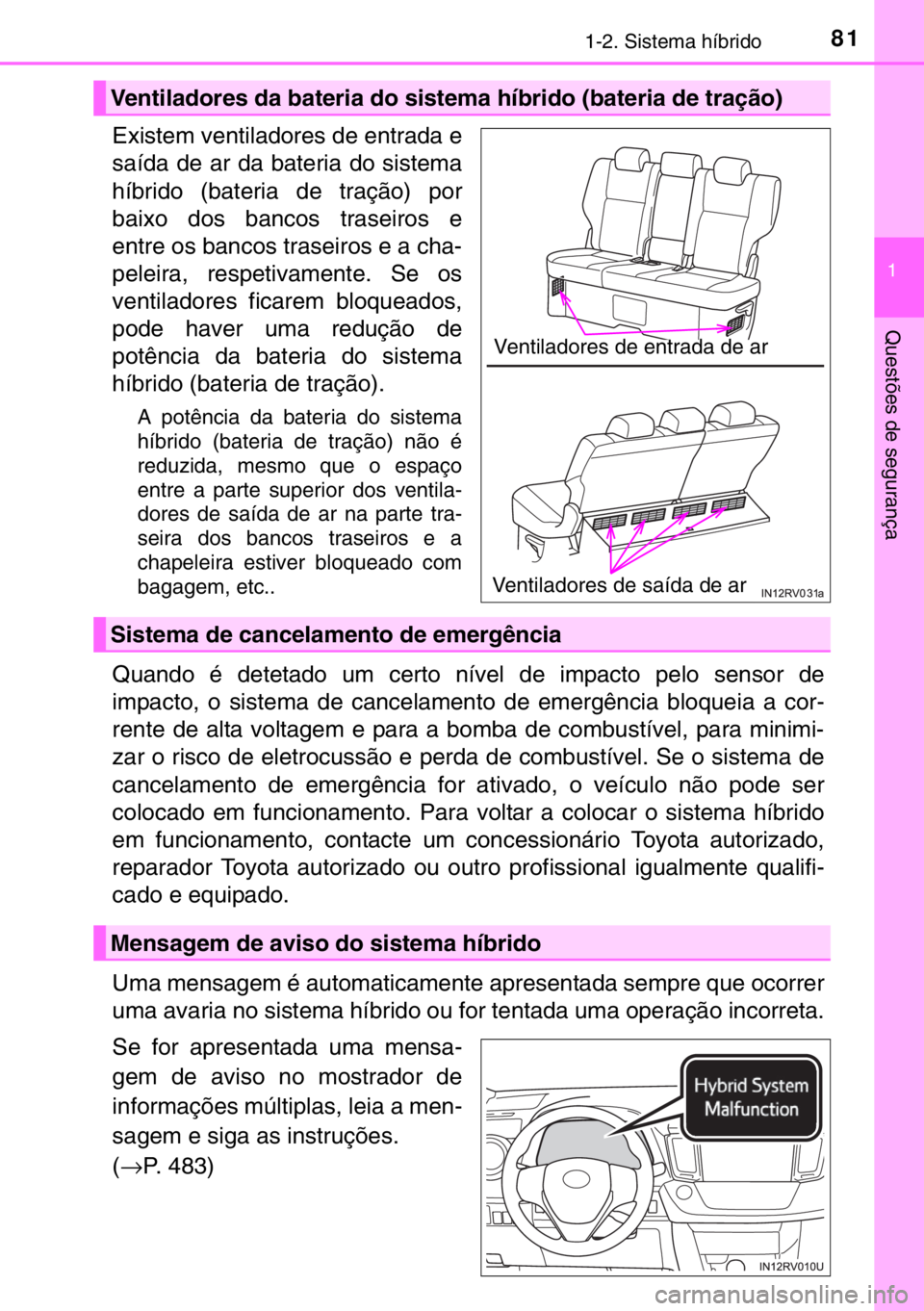 TOYOTA RAV4 HYBRID 2017 Manual de utilização (in Portuguese) 811-2. Sistema híbrido
1
Questões de segurança
Existem ventiladores de entrada e
saída de ar da bateria do sistema
híbrido (bateria de tração) por
baixo dos bancos traseiros e
entre os bancos t TOYOTA RAV4 HYBRID 2017 Manual de utilização (in Portuguese) 811-2. Sistema híbrido
1
Questões de segurança
Existem ventiladores de entrada e
saída de ar da bateria do sistema
híbrido (bateria de tração) por
baixo dos bancos traseiros e
entre os bancos t