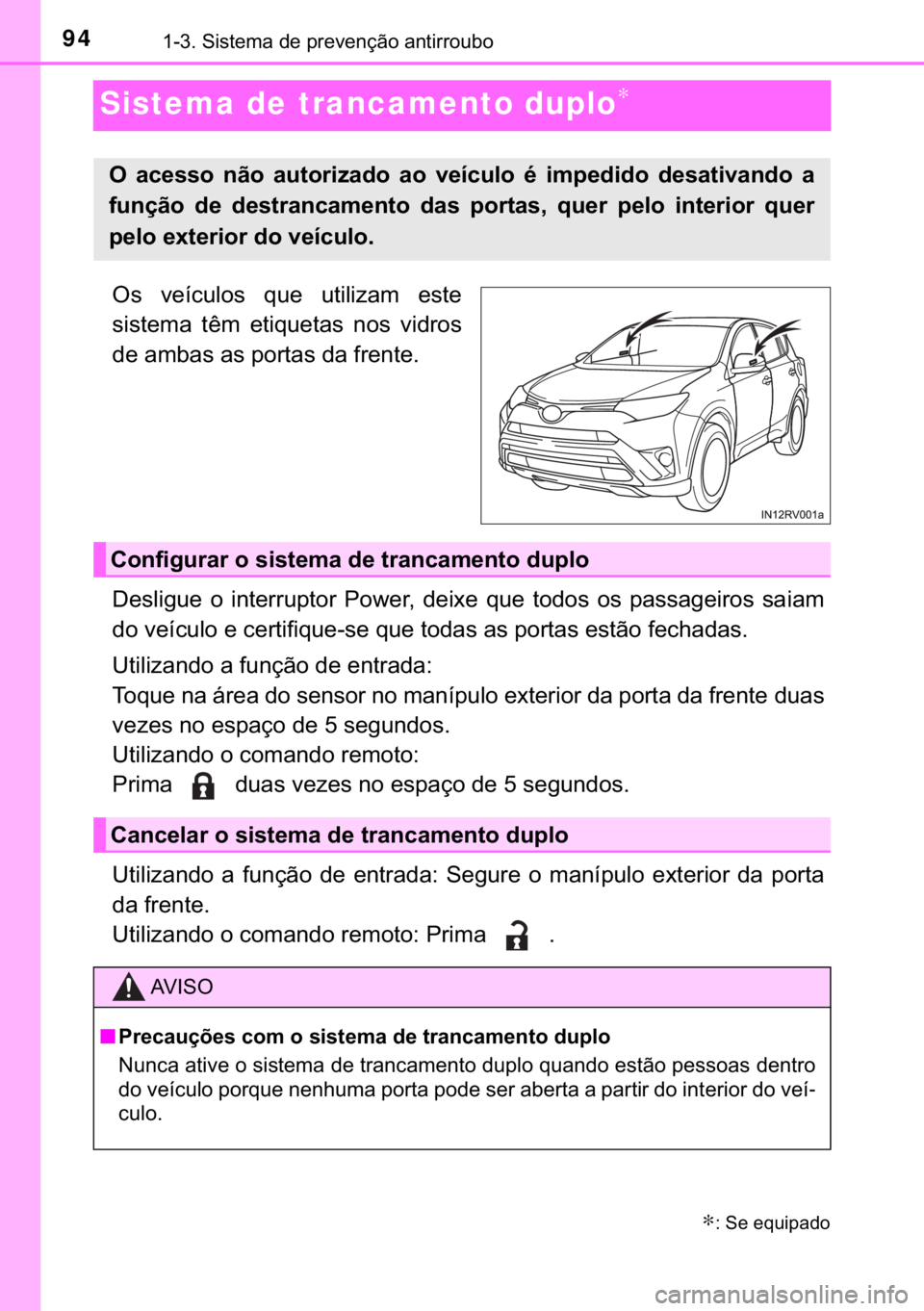 TOYOTA RAV4 HYBRID 2017  Manual de utilização (in Portuguese) 94������6�L�V�W�H�P�D��G�H��S�U�H�Y�H�Q�o�m�R��D�Q�W�L�U�U�R�X�E�R
Sistema de trancamento duplo∗
�2�V� �Y�H�t�F�X�O�R�V� �T�X�H� �X�W�L�O�L�]�D�P� �H�V�W�H
�V�L�V�W�H�P�D� �W�r�P� �H�W